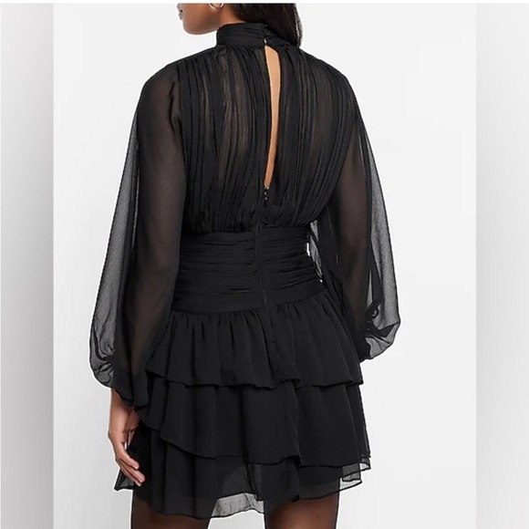 NWT Express Black Mock Neck Long Sleeve Pleated Waist Tiered Ruffle Mini  Dress - Picture 2 of 16